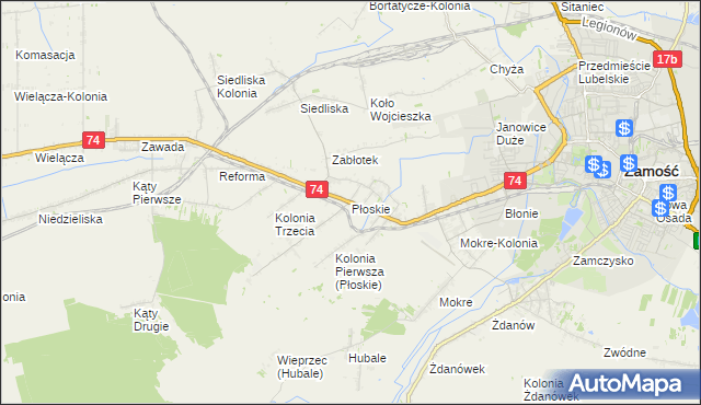 mapa Płoskie gmina Zamość, Płoskie gmina Zamość na mapie Targeo