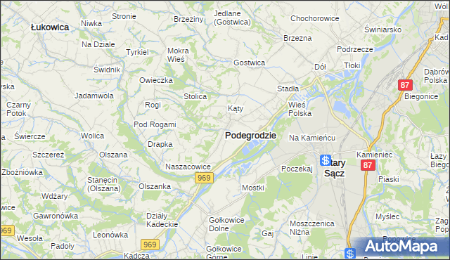 mapa Podegrodzie powiat nowosądecki, Podegrodzie powiat nowosądecki na mapie Targeo
