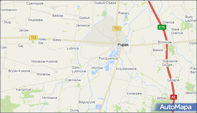 mapa Pokrzywnica gmina Piątek, Pokrzywnica gmina Piątek na mapie Targeo