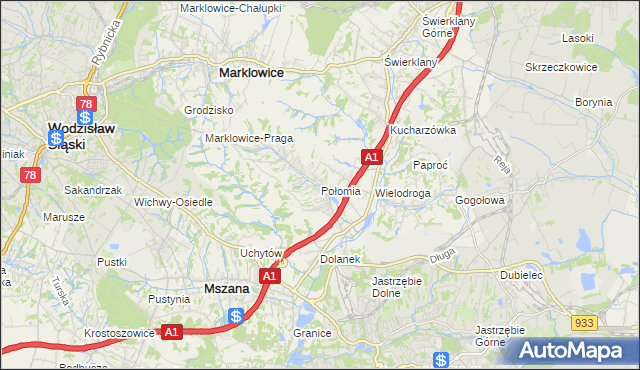 mapa Połomia gmina Mszana, Połomia gmina Mszana na mapie Targeo