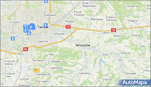 mapa Skrzyszów powiat tarnowski, Skrzyszów powiat tarnowski na mapie Targeo