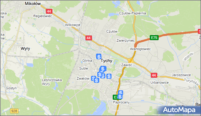 mapa Tychów, Tychy na mapie Targeo