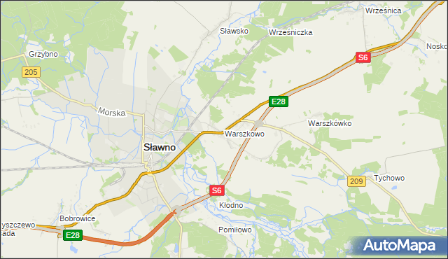 mapa Warszkowo gmina Sławno, Warszkowo gmina Sławno na mapie Targeo
