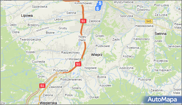 mapa Wieprz gmina Radziechowy-Wieprz, Wieprz gmina Radziechowy-Wieprz na mapie Targeo