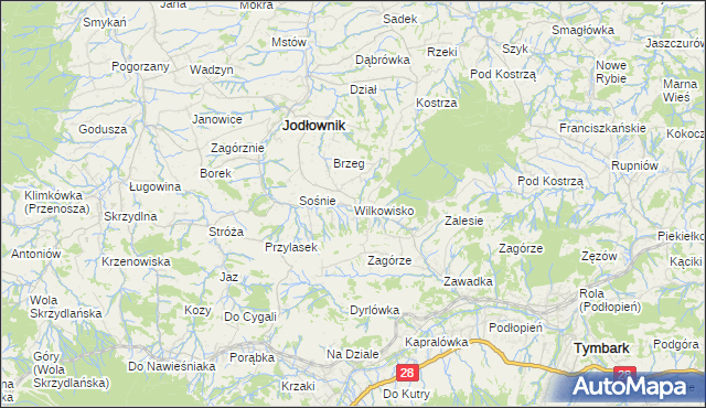 mapa Wilkowisko gmina Jodłownik, Wilkowisko gmina Jodłownik na mapie Targeo