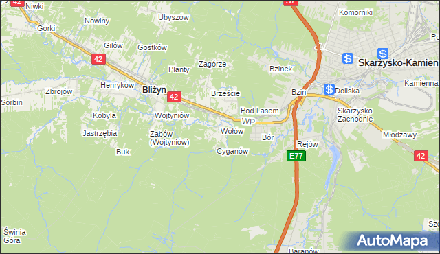 mapa Wołów gmina Bliżyn, Wołów gmina Bliżyn na mapie Targeo