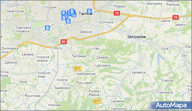 mapa Zawada gmina Tarnów, Zawada gmina Tarnów na mapie Targeo