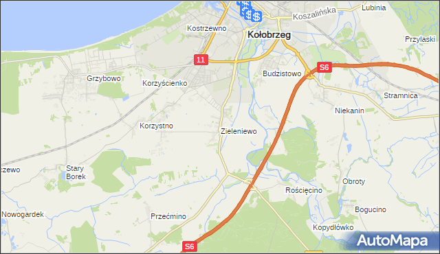mapa Zieleniewo gmina Kołobrzeg, Zieleniewo gmina Kołobrzeg na mapie Targeo