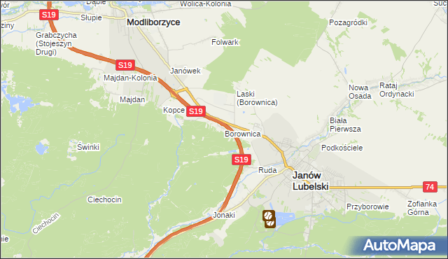 mapa Borownica gmina Janów Lubelski, Borownica gmina Janów Lubelski na mapie Targeo