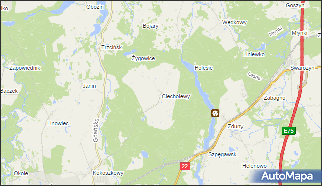 mapa Ciecholewy gmina Starogard Gdański, Ciecholewy gmina Starogard Gdański na mapie Targeo