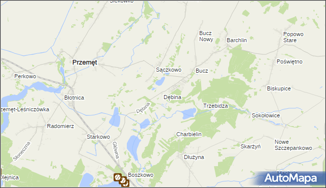 mapa Dębina gmina Przemęt, Dębina gmina Przemęt na mapie Targeo