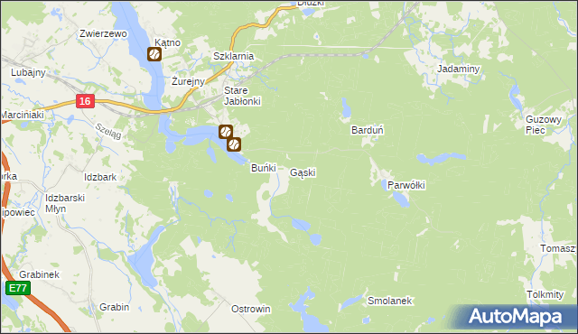 mapa Gąski gmina Ostróda, Gąski gmina Ostróda na mapie Targeo