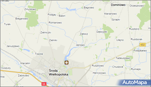 mapa Janowo gmina Środa Wielkopolska, Janowo gmina Środa Wielkopolska na mapie Targeo