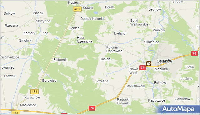 mapa Jasień gmina Osjaków, Jasień gmina Osjaków na mapie Targeo