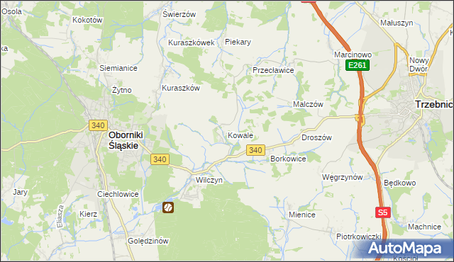 mapa Kowale gmina Oborniki Śląskie, Kowale gmina Oborniki Śląskie na mapie Targeo