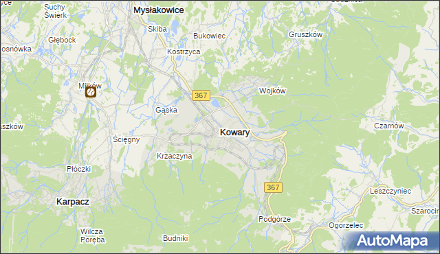 mapa Kowary powiat jeleniogórski, Kowary powiat jeleniogórski na mapie Targeo