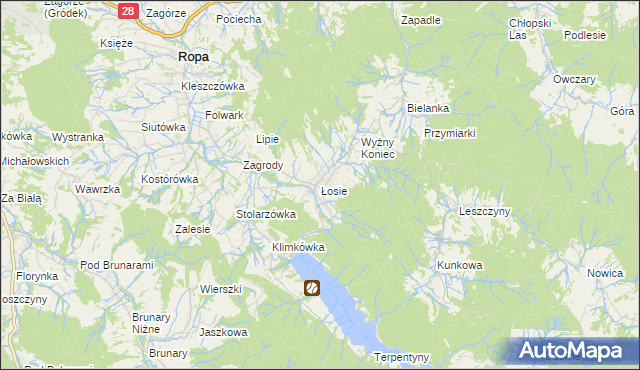 mapa Łosie gmina Ropa, Łosie gmina Ropa na mapie Targeo