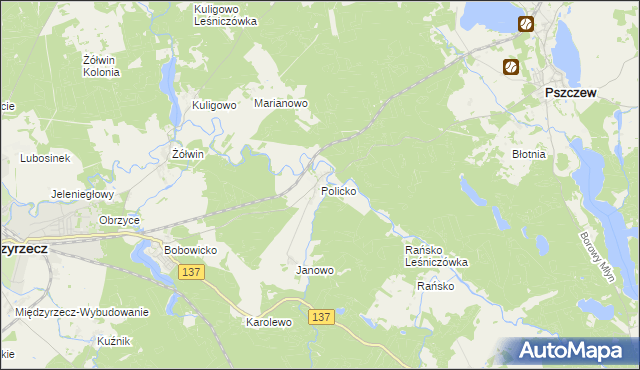 mapa Policko gmina Pszczew, Policko gmina Pszczew na mapie Targeo