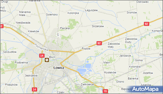 mapa Popów gmina Łowicz, Popów gmina Łowicz na mapie Targeo