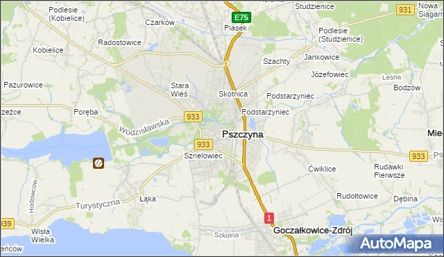 mapa Pszczyny, Pszczyna na mapie Targeo