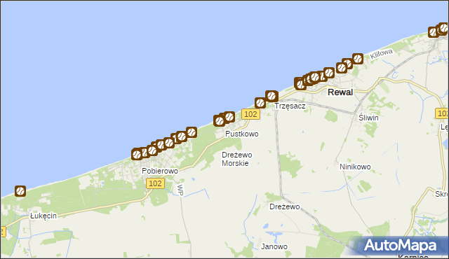 mapa Pustkowo gmina Rewal, Pustkowo gmina Rewal na mapie Targeo