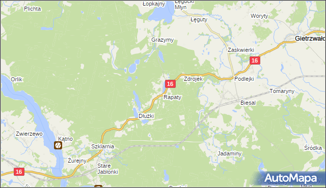 mapa Rapaty gmina Gietrzwałd, Rapaty gmina Gietrzwałd na mapie Targeo