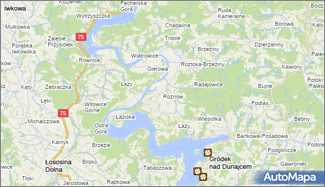 mapa Rożnów gmina Gródek nad Dunajcem, Rożnów gmina Gródek nad Dunajcem na mapie Targeo