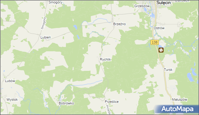 mapa Rychlik gmina Sulęcin, Rychlik gmina Sulęcin na mapie Targeo