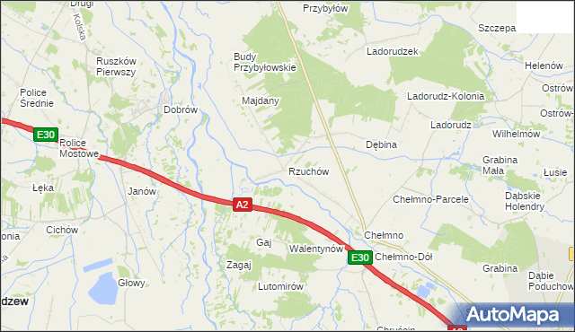 mapa Rzuchów gmina Dąbie, Rzuchów gmina Dąbie na mapie Targeo