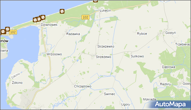 mapa Strzeżewo gmina Kamień Pomorski, Strzeżewo gmina Kamień Pomorski na mapie Targeo