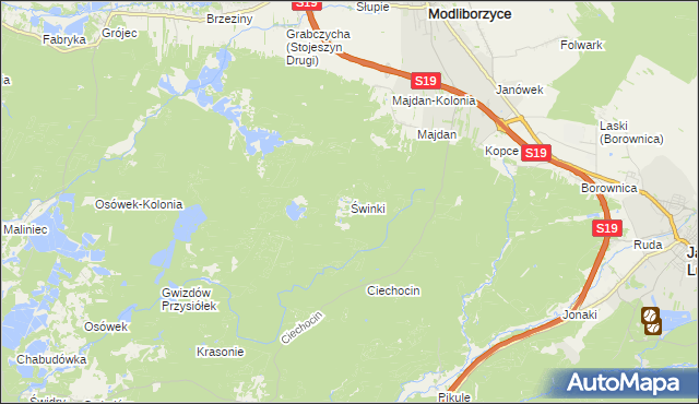 mapa Świnki gmina Modliborzyce, Świnki gmina Modliborzyce na mapie Targeo