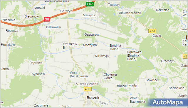 mapa Wilkowyja gmina Buczek, Wilkowyja gmina Buczek na mapie Targeo