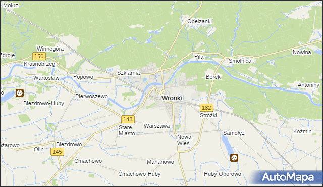 mapa Wronki powiat szamotulski, Wronki powiat szamotulski na mapie Targeo