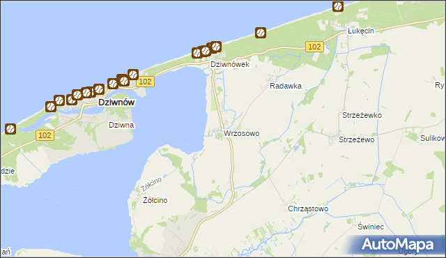 mapa Wrzosowo gmina Kamień Pomorski, Wrzosowo gmina Kamień Pomorski na mapie Targeo