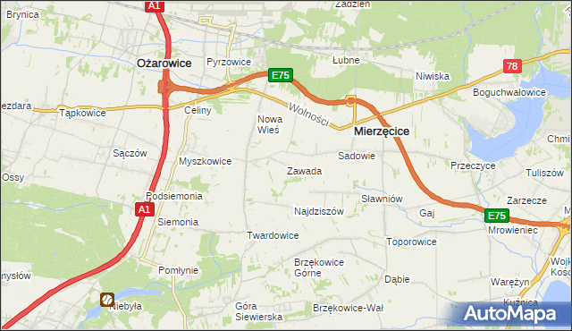 mapa Zawada gmina Mierzęcice, Zawada gmina Mierzęcice na mapie Targeo