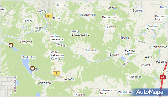 mapa Zawadów gmina Bełchatów, Zawadów gmina Bełchatów na mapie Targeo