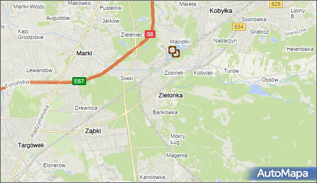 mapa Zielonka powiat wołomiński, Zielonka powiat wołomiński na mapie Targeo