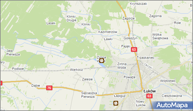 mapa Zimna Woda gmina Łuków, Zimna Woda gmina Łuków na mapie Targeo
