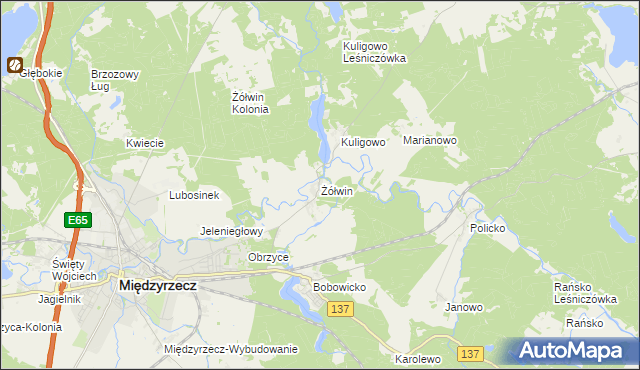 mapa Żółwin gmina Międzyrzecz, Żółwin gmina Międzyrzecz na mapie Targeo