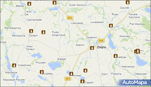 mapa Adamki gmina Zbójno, Adamki gmina Zbójno na mapie Targeo