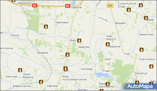 mapa Adamów gmina Cyców, Adamów gmina Cyców na mapie Targeo