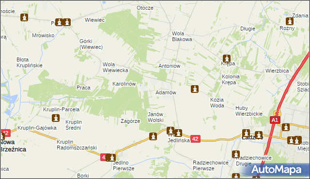 mapa Adamów gmina Ładzice, Adamów gmina Ładzice na mapie Targeo