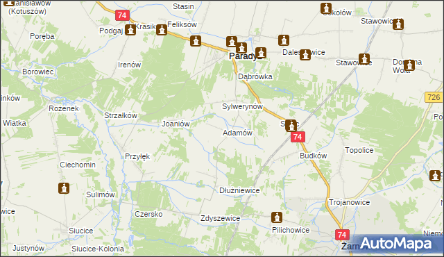 mapa Adamów gmina Paradyż, Adamów gmina Paradyż na mapie Targeo