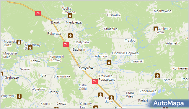 mapa Adamów gmina Smyków, Adamów gmina Smyków na mapie Targeo