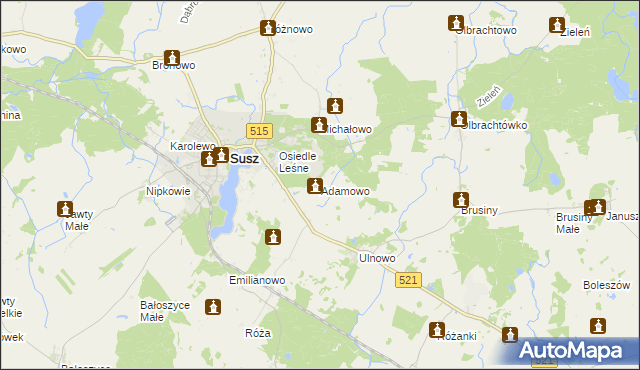 mapa Adamowo gmina Susz, Adamowo gmina Susz na mapie Targeo