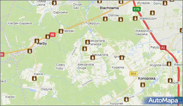 mapa Aleksandria gmina Konopiska, Aleksandria gmina Konopiska na mapie Targeo