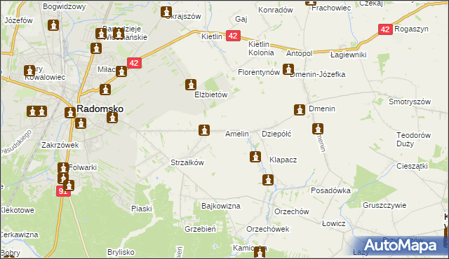 mapa Amelin gmina Radomsko, Amelin gmina Radomsko na mapie Targeo