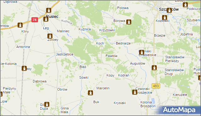 mapa Andrzejów gmina Rusiec, Andrzejów gmina Rusiec na mapie Targeo