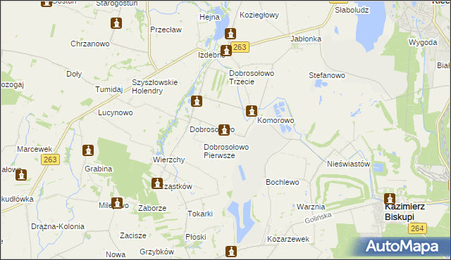 mapa Anielewo gmina Kazimierz Biskupi, Anielewo gmina Kazimierz Biskupi na mapie Targeo