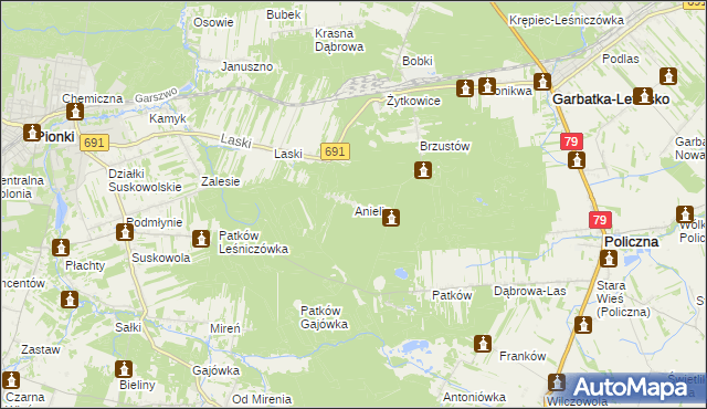 mapa Anielin gmina Garbatka-Letnisko, Anielin gmina Garbatka-Letnisko na mapie Targeo
